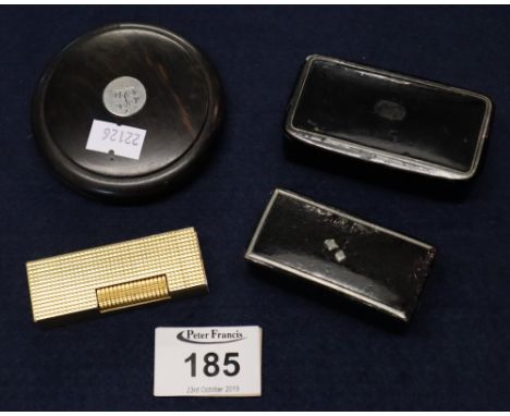 Two 19th Century rectangular lacquered snuff boxes, together with a rosewood cushion shaped circular snuff box with silver es