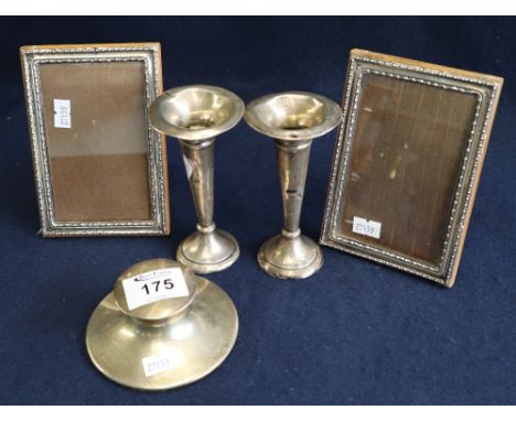 Silver capstan shaped inkwell, pair of silver mounted photograph frames, pair of silver trumpet vases. (B.P. 24% incl. VAT)