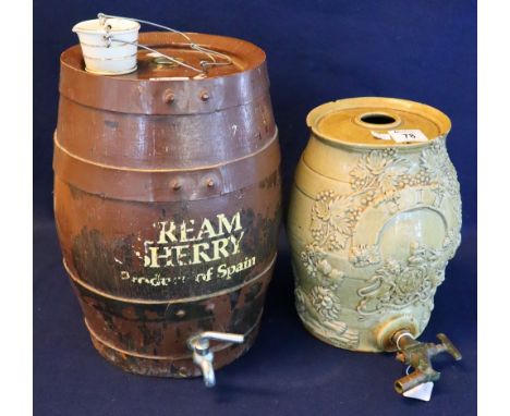 19th century stoneware relief decorated gin barrel with metal tap, together with wooden sherry barrel with tap. (2)(B.P. 24% 