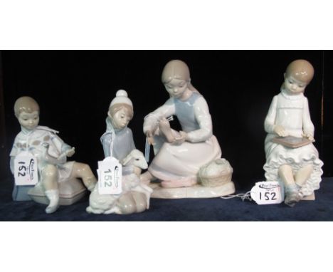 Three Nao Spanish porcelain figures of young children at work and with birds, together with a Lladro figure of a young girl w