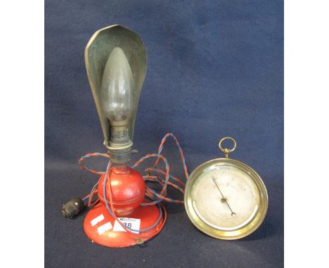 19th Century brass aneroid barometer by E.J. Dent Paris. Together with vintage painted desk light with copper shade. (2)(B.P.