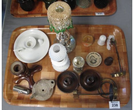 Tray of mixed items including wooden and ceramic candlesticks, antique oil lamp, small paste dishes, candle snuffers, opaque 