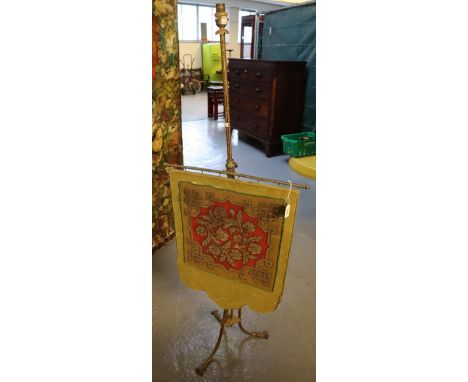 Victorian brass standard lamp now converted to a pole or make up screen with tapestry banner. (B.P. 24% incl. VAT)