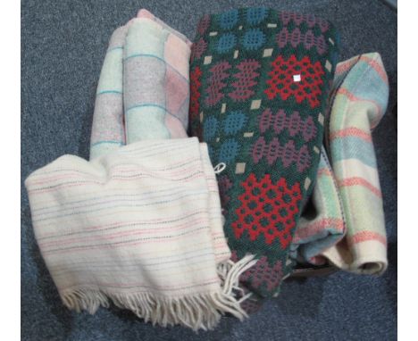 Box of vintage woollen blankets to include; a green ground geometric design Welsh tapestry blanket, thee check blankets and a