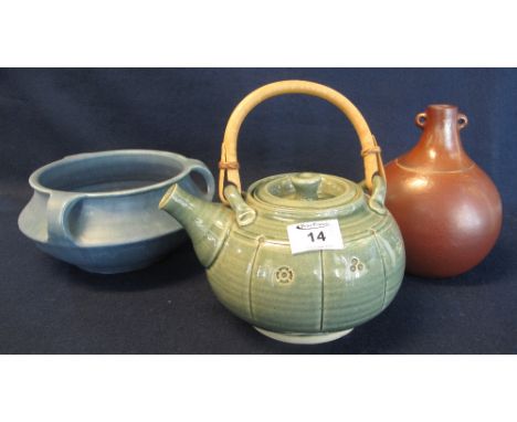 Three art pottery items to include; celadon glazed teapot with wicker handle of baluster form, Tony Gant of London baluster v