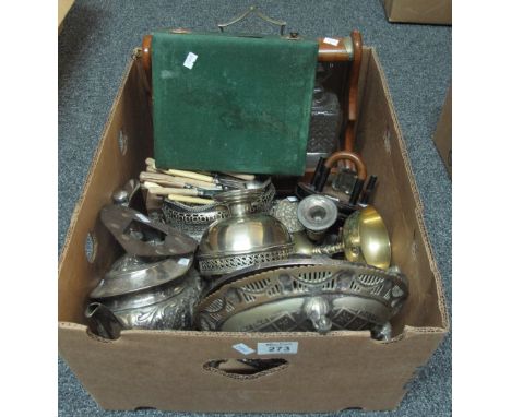 Box of assorted metalware, various to include; three section oak tantalus with three glass decanters, teaware, hip flask, cak