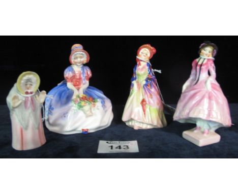 Three Royal Doulton bone china figurines to include; 'Monica' HN1467, 'Pantalettes', 'The Paisley Shawl'. Together with a Roy