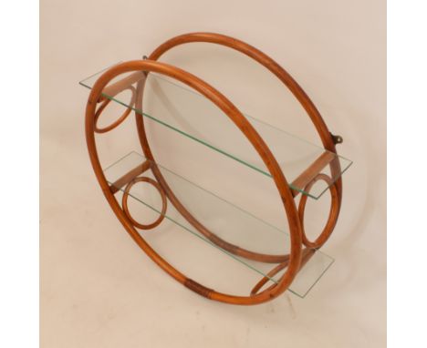 A vintage Angraves wall-hanging circular bamboo and glass display shelf - LWH 71 x 21 x 67.5cm.