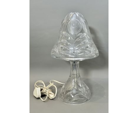 A cut glass mushroom lamp - the separate shade and lamp base cut and wheel engraved with flowers and leaves, the stem panel c
