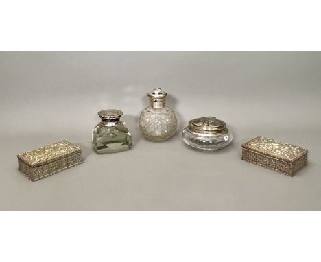 Three silver mounted cut glass items - comprising a large globular scent bottle, stamped 'M Bros Sterling Silver', 13cm high,