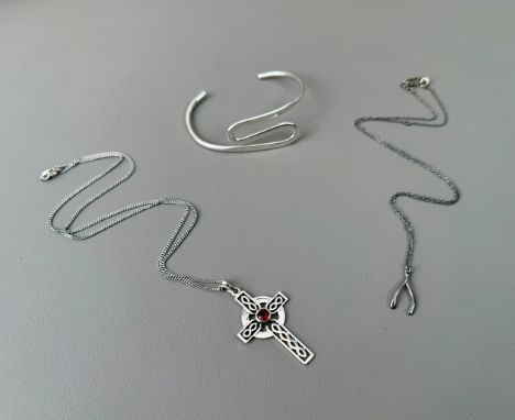 Three items of sterling silver jewellery - including a pierced Celtic style cross pendant on chain, 4.7cm drop; a modernist o