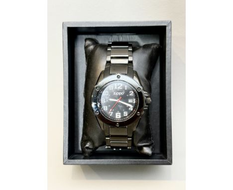 A Zippo black stainless steel gentleman's bracelet watch - ref. 45006, quartz movement, the black dial with lumed white Arabi