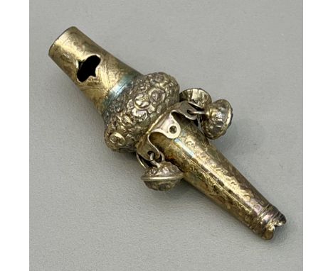 A George IV silver gilt baby's rattle with whistle - Joseph Willmore, Birmingham 1929, with repouss&eacute; and punch engrave
