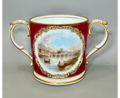 A Victorian loving cup by Grainger &amp; Co., Worcester - with foliate capped scroll handles, one side with an oval reserve p