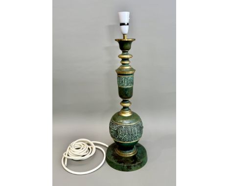 A bronzed archaistic Oriental style lamp in the manner of John Mont - fourth quarter 20th century, the lamp of candlestick fo