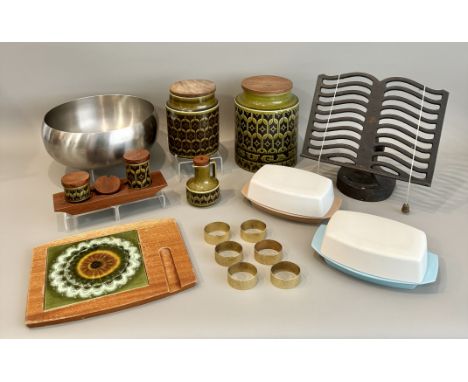 A collection of vintage kitchen items - 1960s-70s, including two graduated Hornsea green glazed 'Heirloom' pattern jars with 