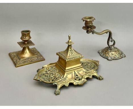 Three late 19th / early 20th century cast brass desk items - comprising an inkstand by William Tonks &amp; Sons (impressed fa