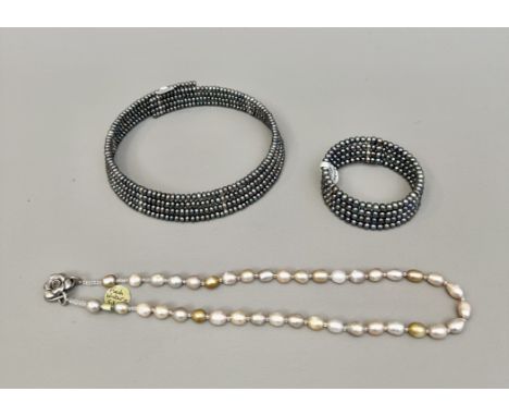 A grey freshwater pearl choker and matching bangle - both with four rows of pearls and conforming silver spacers, the pearls 