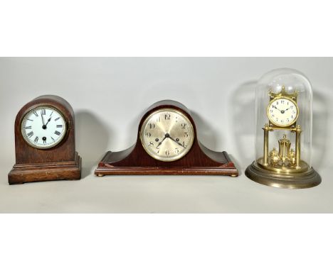 Three vintage and antique clocks - comprising a brass anniversary clock with glass dome by Aug. Schatz &amp; Sohne of Germany