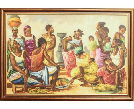 Soku Ldi (D. R. of the Congo, 20th century) Figures in a village market oil on canvas, signed and dated (19)88 lower left 21½
