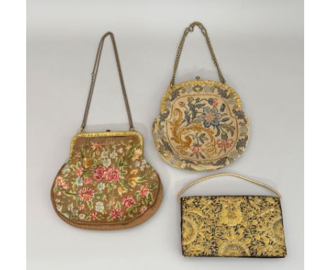 Three vintage 1950s-60s evening bags - two in floral tapestry with gilt metal frames and adjustable chain link handles, one w