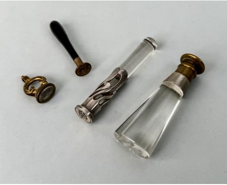 A French silver and rock crystal desk seal - early 20th century, with Gothic script monogram 'JH', 10.3cm long; together with