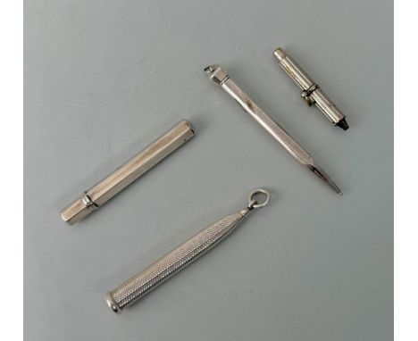 Four antique propelling pencils and pencil holders - including an engine turned, bullet-shaped telescopic pencil by Sampson M
