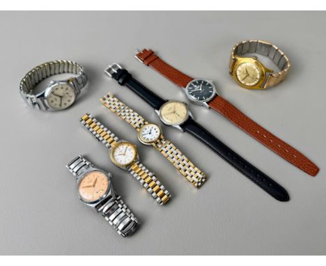 Seven vintage gents and ladies watches - including two 1950s-60s Rotary stainless steel gents bracelet watches, 31mm and 32mm