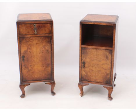 A pair of 1930s walnut and burr walnut bedside cabinets - one with a single drawer over a cupboard, the other an open shelf a