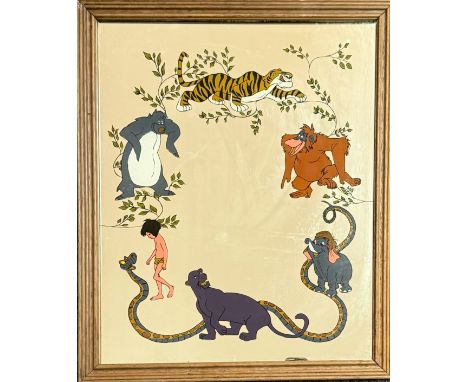 A vintage Disney Jungle Book mirror - the rectangular plate decorated with seven characters from the film, within a wooden fr