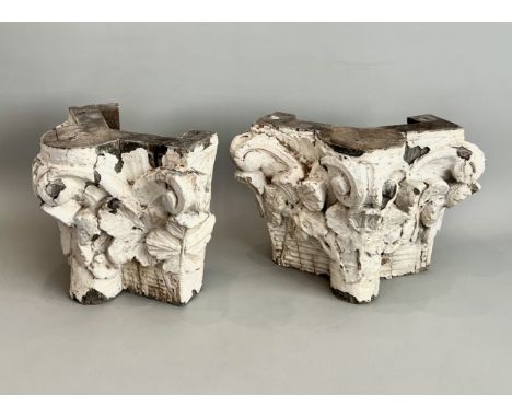 Architectural country house interest: a pair of English carved wooden and painted corbels - probably 18th century, carved wit