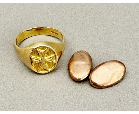 An 18ct yellow gold signet ring - stamped '750' decorated with a Maltese cross, size Q/R; together with a single 9ct rose gol