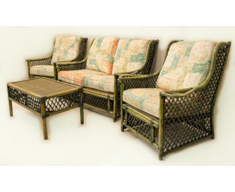 A four-piece green stained bamboo conservatory set - comprising a two-seater sofa (136cm long); a pair of armchairs 82cm wide