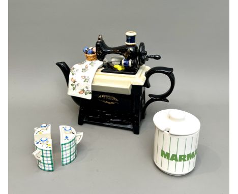 A novelty Paul Cardew sewing machine teapot - 22.75cm high (handle on sewing machine repaired); together with a 1950s three-p
