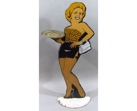 A modern printed wooden Margaret Thatcher figure waiter, standing in leopard print top, leather skirt and fishnet tights, on 