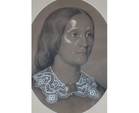 20thC School. Portrait of a lady, with linen neck piece and brooch, oval, quarter profile, print, unsigned, 40cm x 31cm.