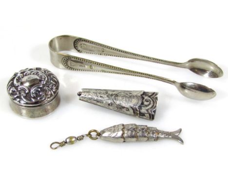 Various silver and other small jewellery, to include a stem vase with plain pin back, 4cm high, an articulated fish, patch bo