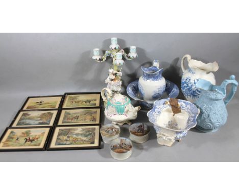 Various 19thC pottery, comprising a blue and white tureen, jug and bowl, polychrome decorated teapot, 17cm high, wash jug, Co