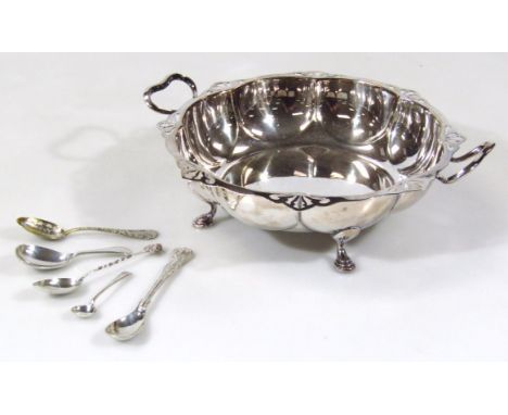 A silver plated serving dish, of shaped outline with heart shaped handles, 29cm wide, silver spoon, plated caddy spoon, other