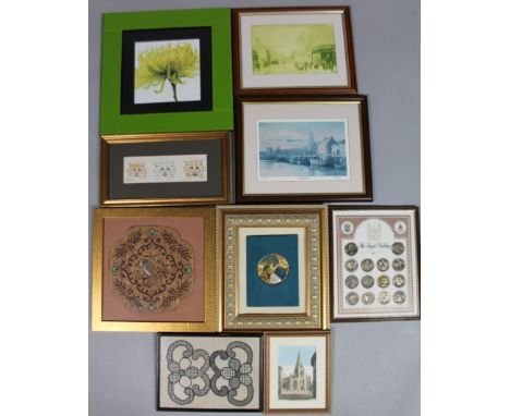 Various framed embroideries, coin set, Louis Wain print, 9cm x 24cm, heavy embroidered bird and scroll embroidery, with inver