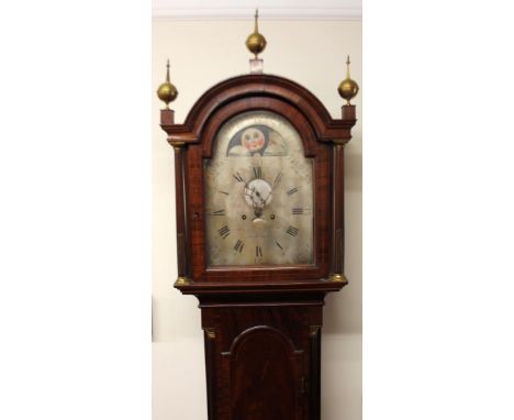 An 18thC eight day moon rolling longcase clock, with unusual high water at Plymouth Dock feature, the silvered arch dial sign