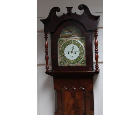 A Victorian wide cased eight day Yorkshire longcase clock, the swan neck pedimented hood holding a raised painted 32cm wide d