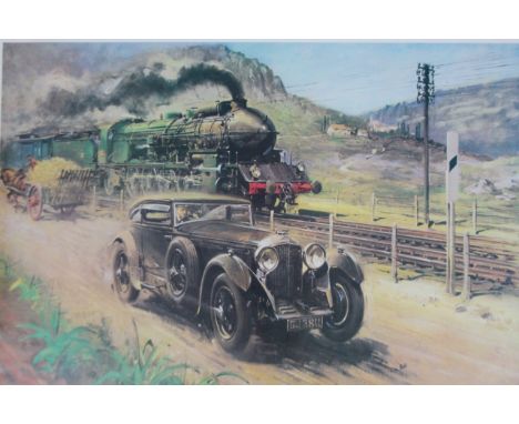 After Terence Cuneo. Bentley blue train print, 71cm x 78cm.