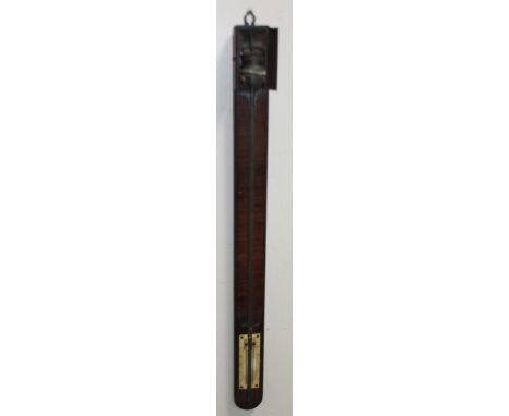 A 19thC mahogany cased stick barometer, with domed top and metal hangers, with rectangular thermometer section, 97cm high. (A