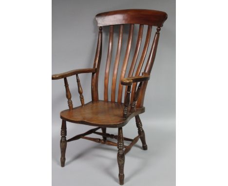 A late 19thC ash and elm grandfather chair, the over hanging comb top raised above vertical square splats and shaped arms abo