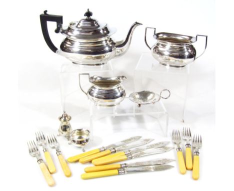 An early 20thC silver plated three piece part tea service, comprising teapot, 15cm high, with ebonised knop and angular handl