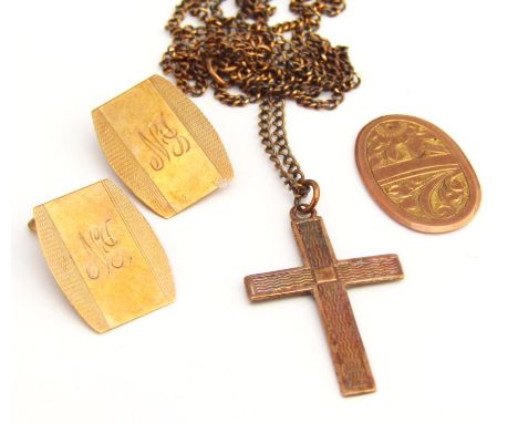 Various scrap 9ct gold cufflink ends, to include oval example, 2cm wide, etc, 3g all in, and a part engine turned cross, mark
