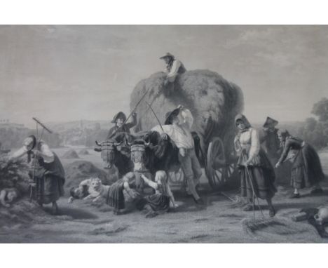 After C E Buettcher. Hay making scene, black and white print, in elaborate gilt wood frame with outer bellflower and bead bor