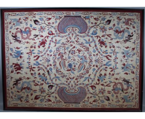 20thC Chinese School. Dragons, flowers and flowerheads, in red and blue, material print, 112cm x 49cm.(AF)