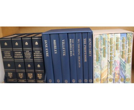 Various Folio Society box sets, comprising Charlotte Brontë in blue, with gilt colour lettering and PG Wodehouse and four var
